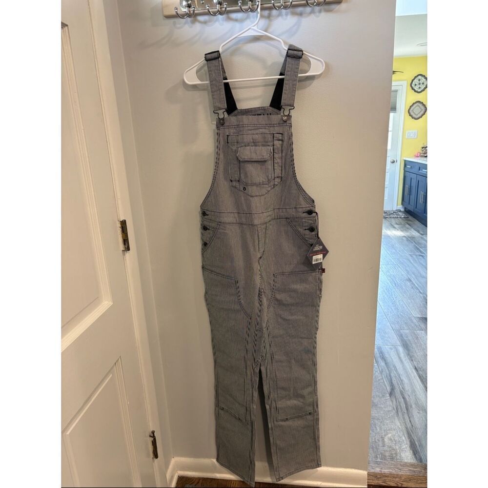 Dovetail Striped Blue Gray Carpenter Overalls Jumpsuit